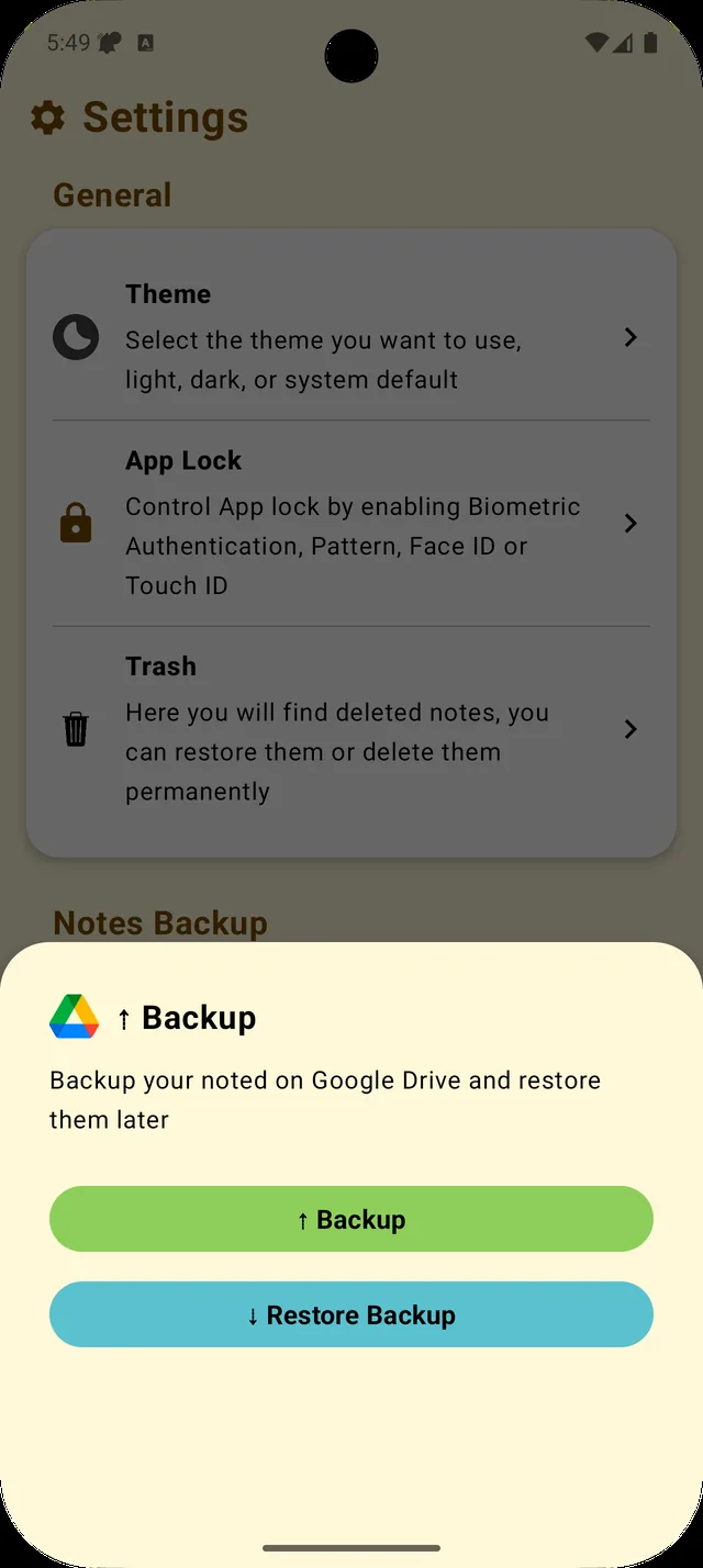 AwareNotes settings screen with Google Drive backup